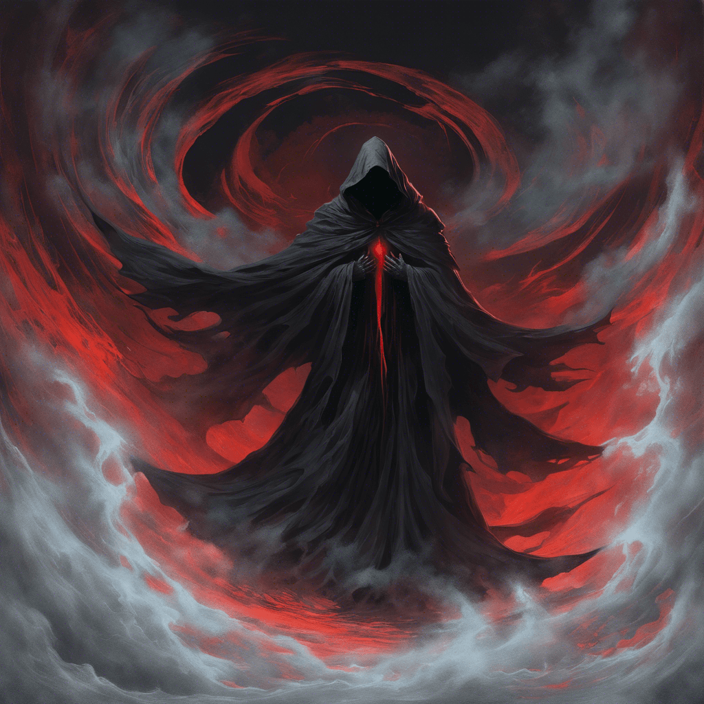 A dark, swirling vortex of shadows taking the vague shape of a cloaked figure, with red eyes glowing from the dark mists of its form and elongated claws emerging from the billowing sleeves.