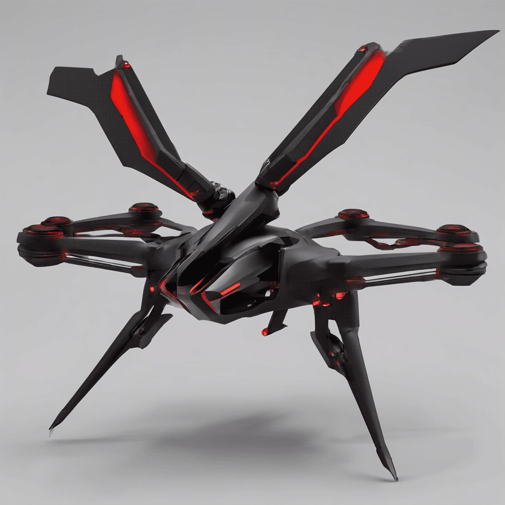 A sleek, menacing aerial drone with razor-sharp, chromium wings and a matte black finish, equipped with red scanning optics, and an underbelly of weaponized gadgetry.