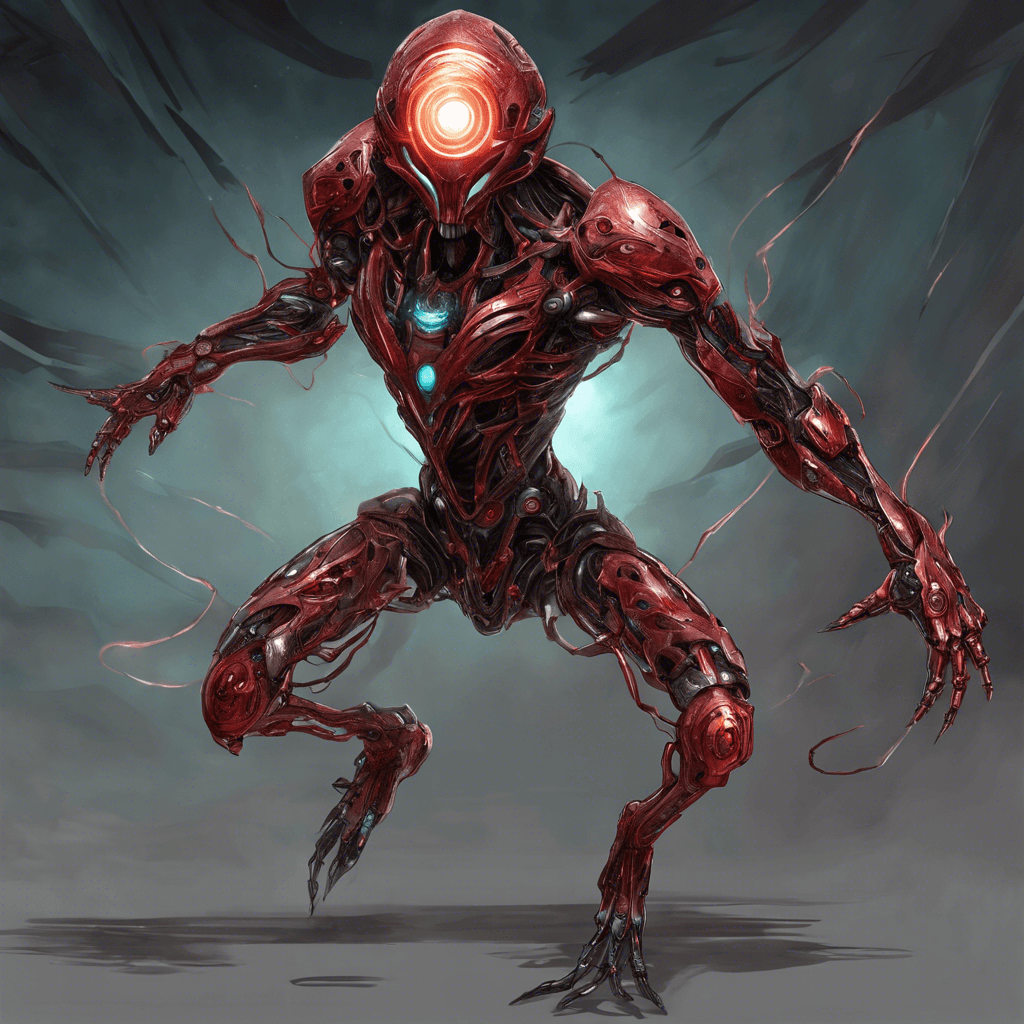 The Chrono Strider is a biomechanical entity that appears as a humanoid figure with metallic limbs and pulsating energy coursing through its body. It moves with incredible speed, leaving behind trails of distorted time in its wake. Its eyes glow with a sinister red hue, hinting at its malevolent intent.