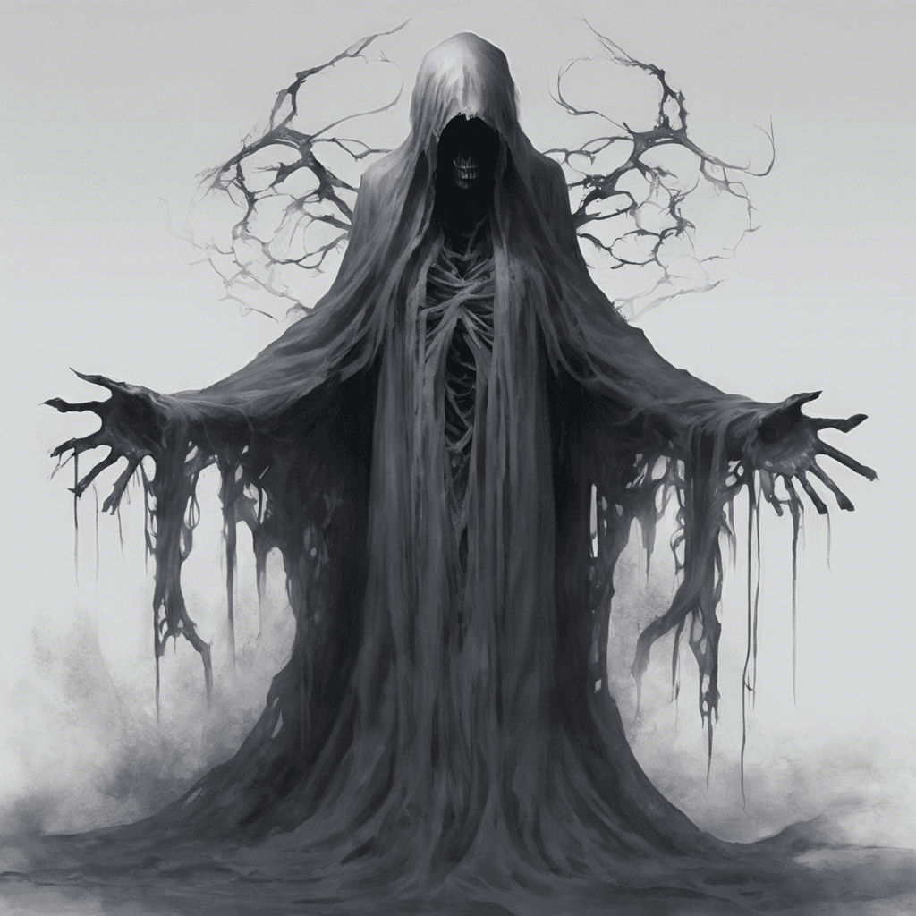 A ghostly figure, shrouded in tattered robes that flutter and whip around its formless body like ethereal tendrils. Its eyes are deep voids that burn with a cold, malevolent light, and its presence chills the air with the unmistakable touch of the grave.