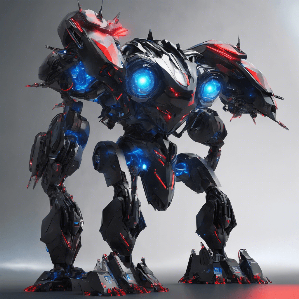 A towering robot draped in shimmering black alloy, with pulsing blue energy cores visible at its joints and a trio of glowing red optical sensors forming a menacing triangular gaze.