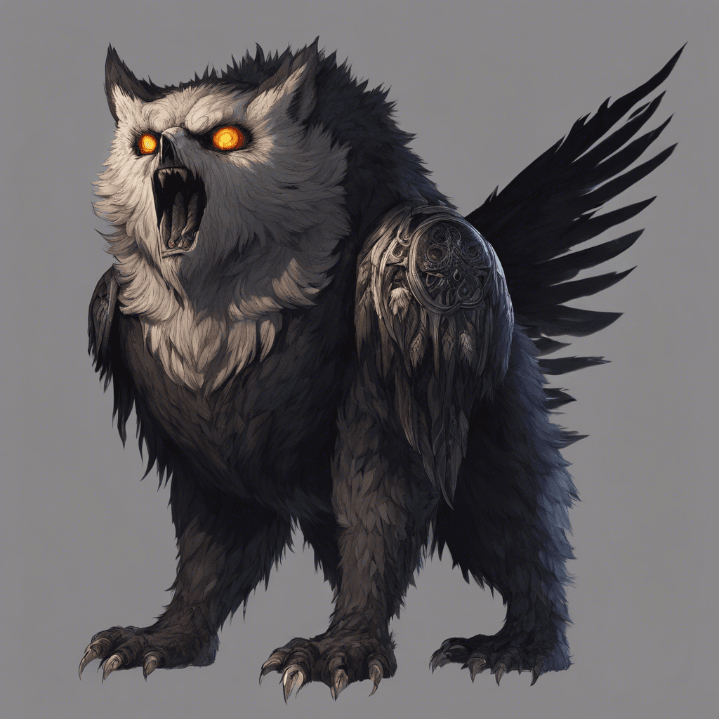 A towering beast with the body of a bear and the face of an owl, covered in thick black fur and feathers. Its eyes burn with a mystical light, and claws as sharp as daggers gleam at the end of massive paws.