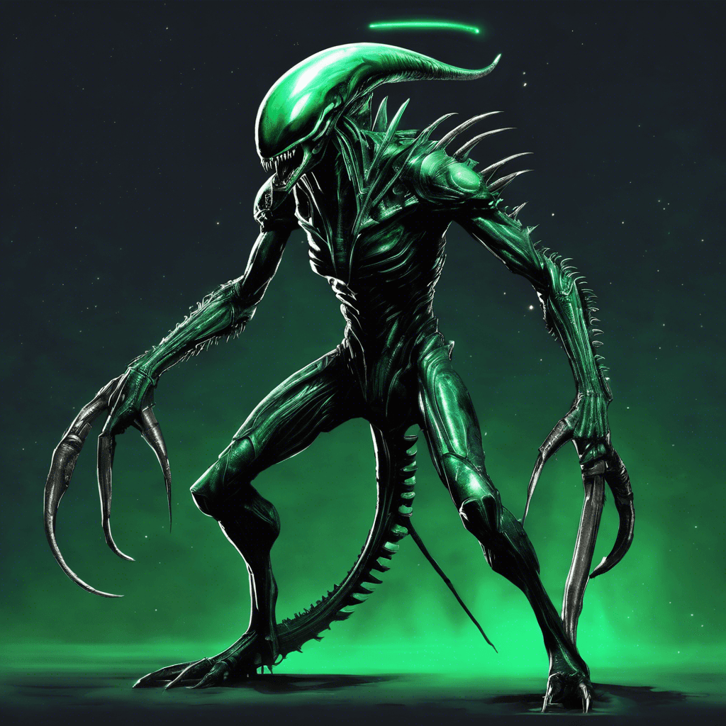 A terrifying humanoid alien with razor-sharp claws, exoskeletal armor, and a long, whip-like tail. Its elongated head houses a set of inner jaws capable of piercing through any armor. The Xenomorph Hunter emits a faint green glow as it moves silently through the darkness of space, seeking its next prey.