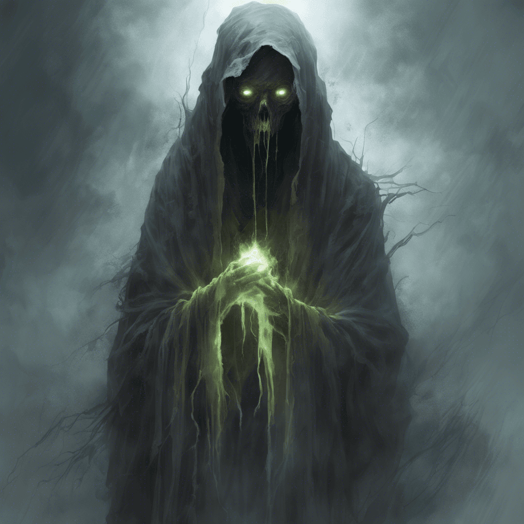 A spectral figure draped in tattered robes that seem to bleed into the mist itself. Eyes like deep voids pulsate with a malign energy, while an eerie glow emanates from its ethereal body.