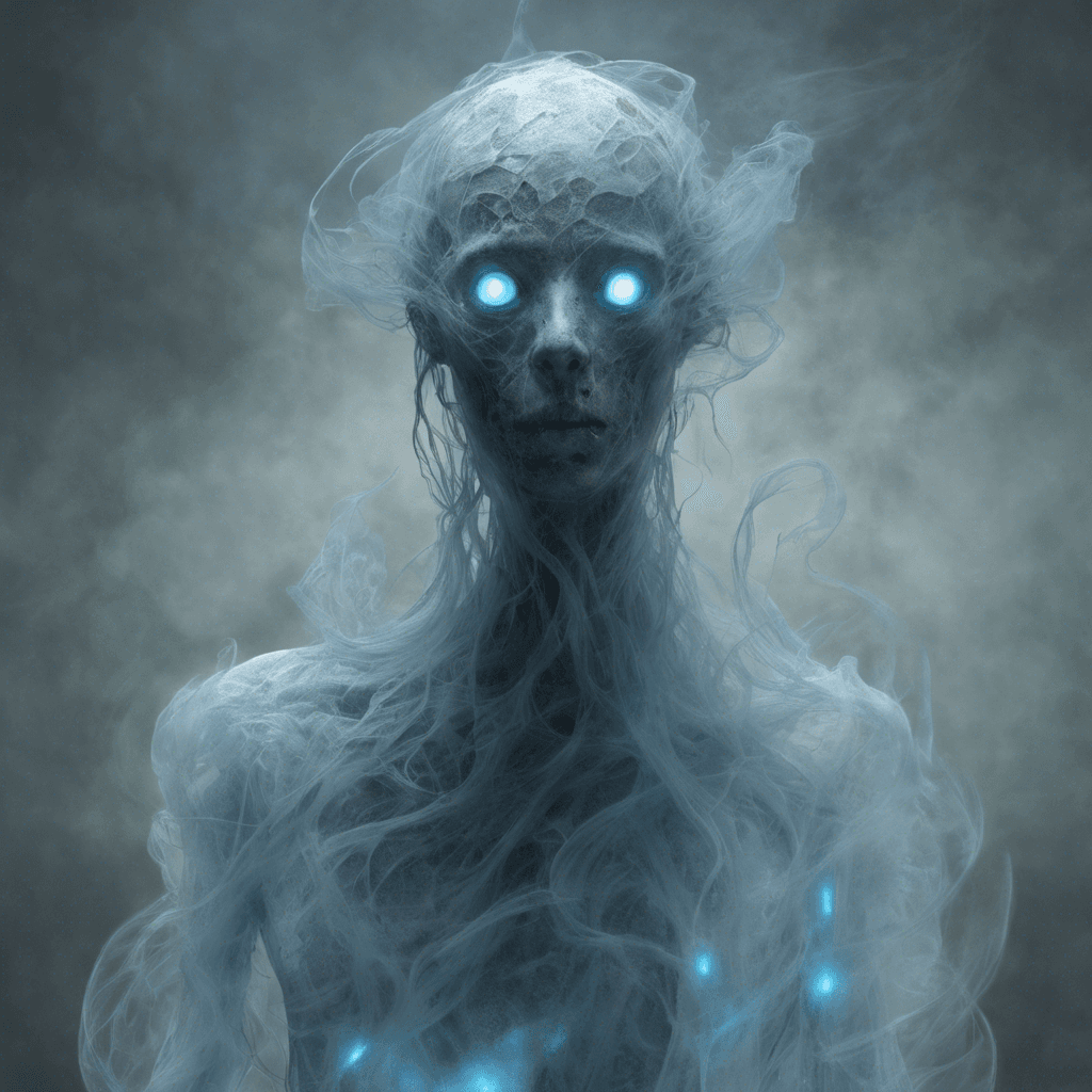 A transparent entity, with hollow eyes emitting a faint blue glow. It drifts eerily, its form wispy and shifting constantly like smoke. Tattered remnants of historic garments adorn its form, giving a clue to its ancient origins.