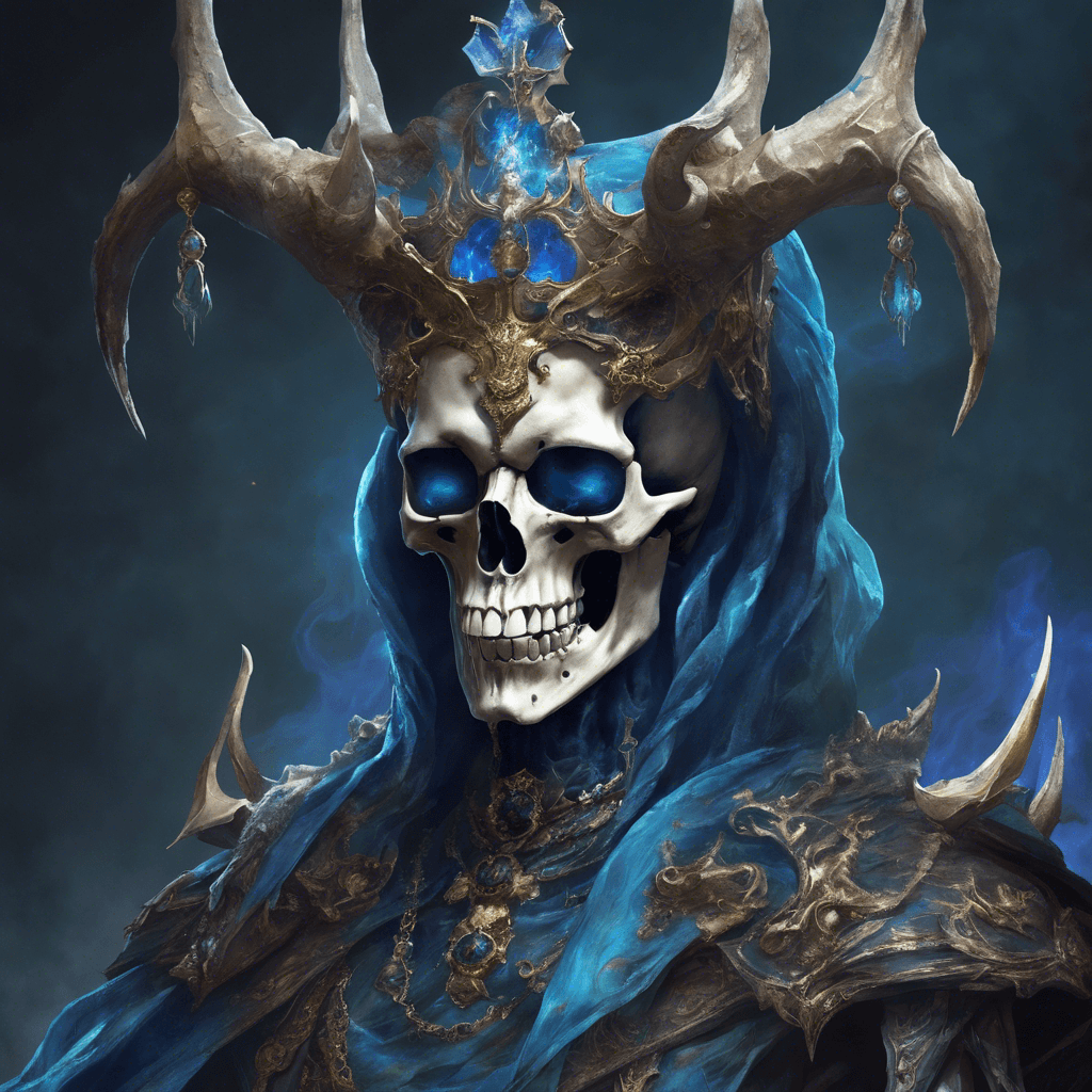 A towering skeletal figure draped in tattered royal vestments. Its eyes burn with ethereal blue fire, and sharp claws extend from its bony fingertips. A crown of twisted horns adorns its skull, signifying its dominion over darker realms.