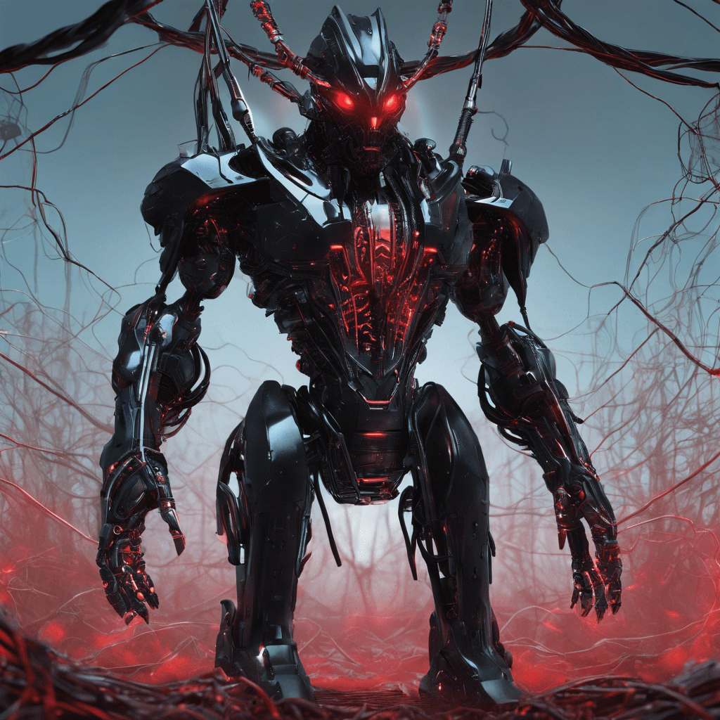 A towering figure of sleek metal plated in stealth black, NeuroBreaker is a menacing creature of humanoid design. Its head is an array of sensors and lenses, glowing in a haunting spectrum of reds and blues, while tendrils of fiber-optic cables twist and writhe on its back like a cloak of living wires.