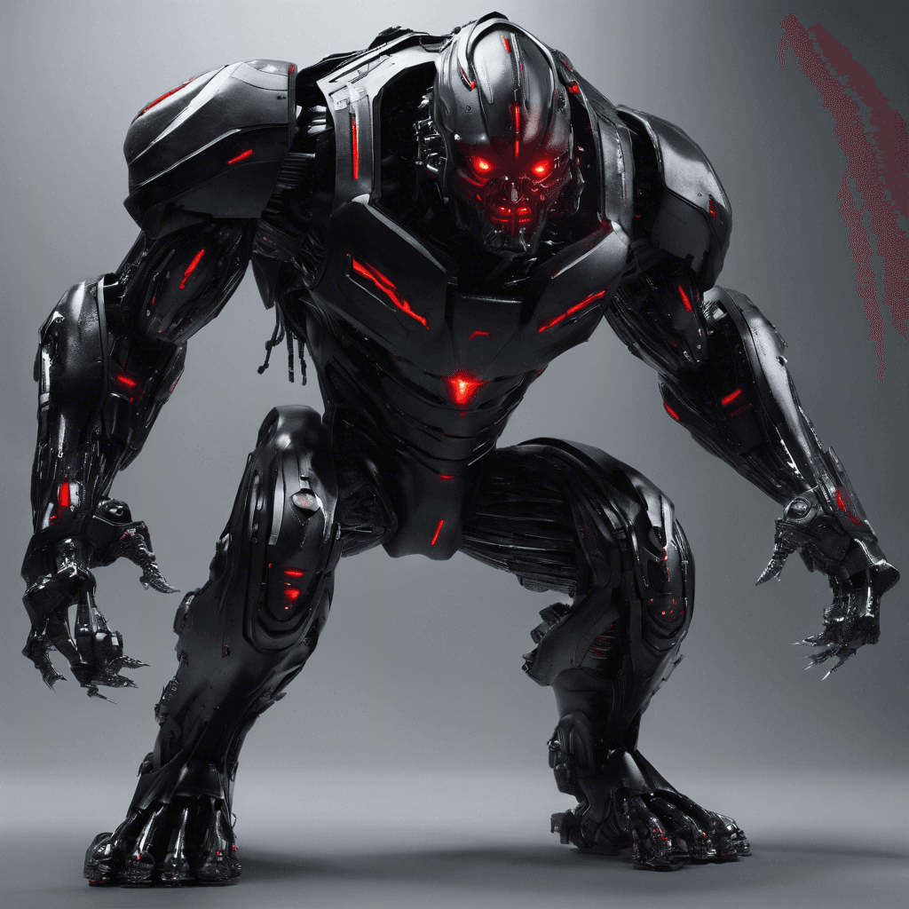 The Cybernetic Stalker is a hulking, humanoid machine covered in sleek black armor, adorned with glowing red eyes that pierce through the darkness. Its limbs are equipped with razor-sharp blades and its mechanical movements are unnervingly silent. It seems to be scanning its surroundings with advanced sensors, ready to strike at any moment.