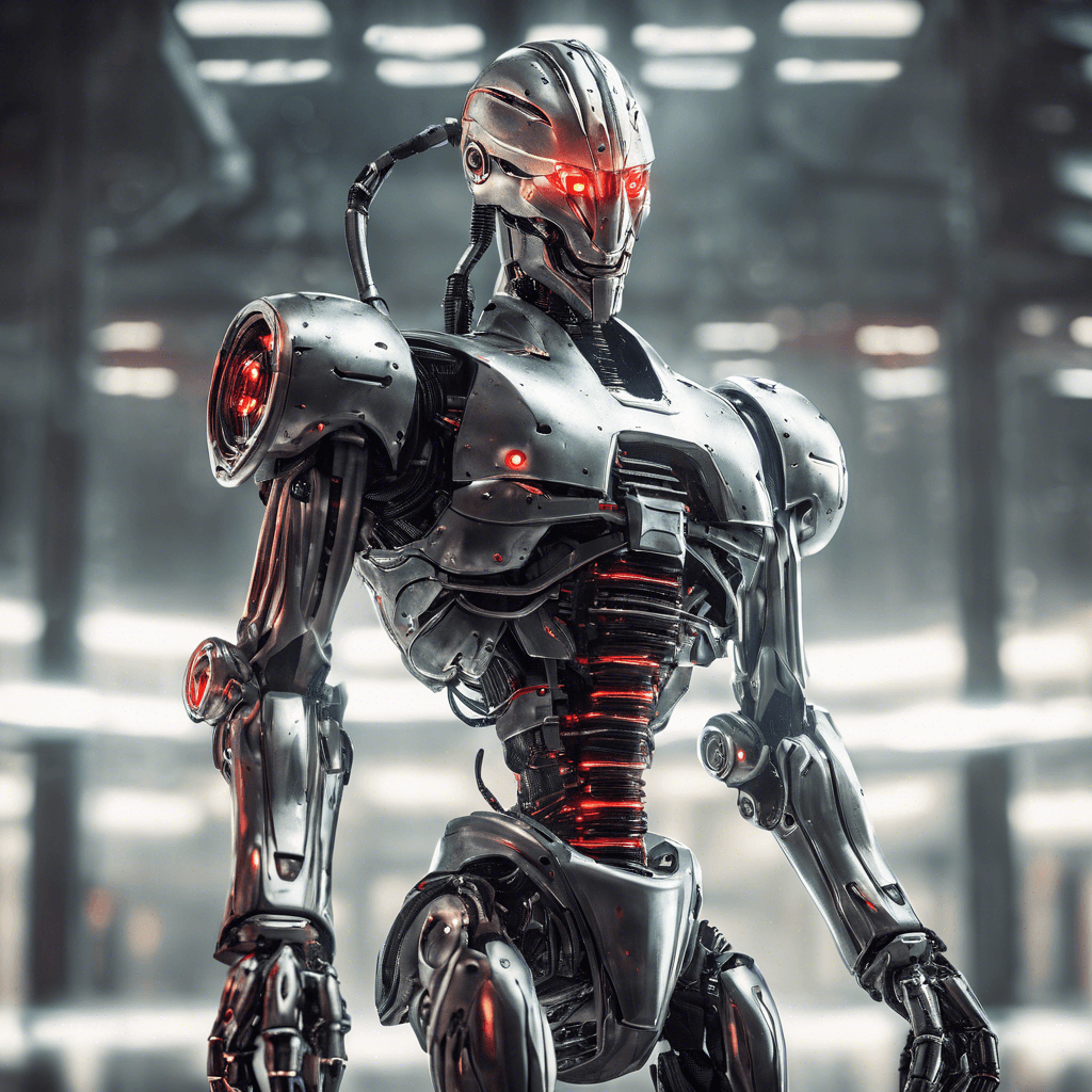 The Cybernetic Guardian is a towering, humanoid robot covered in sleek silver armor plating. Its glowing red eyes scan the area, and its mechanical arms end in sharp, energy blades ready to strike. It emits a low hum of power as it moves with calculated precision.