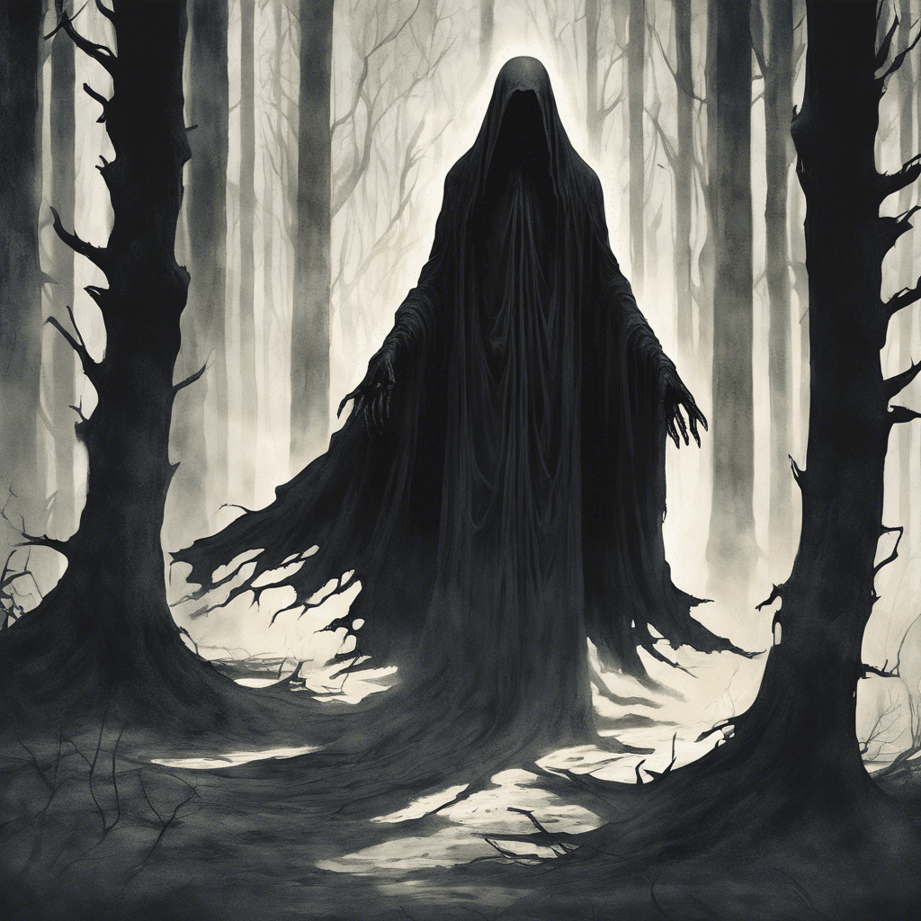 A ghostly figure materializes before the group, draped in tattered black robes that seem to blend seamlessly with the shadows of the forest. Its eyes are hollow sockets that emit a chilling, otherworldly glow, and its presence sends a shiver down your spine.