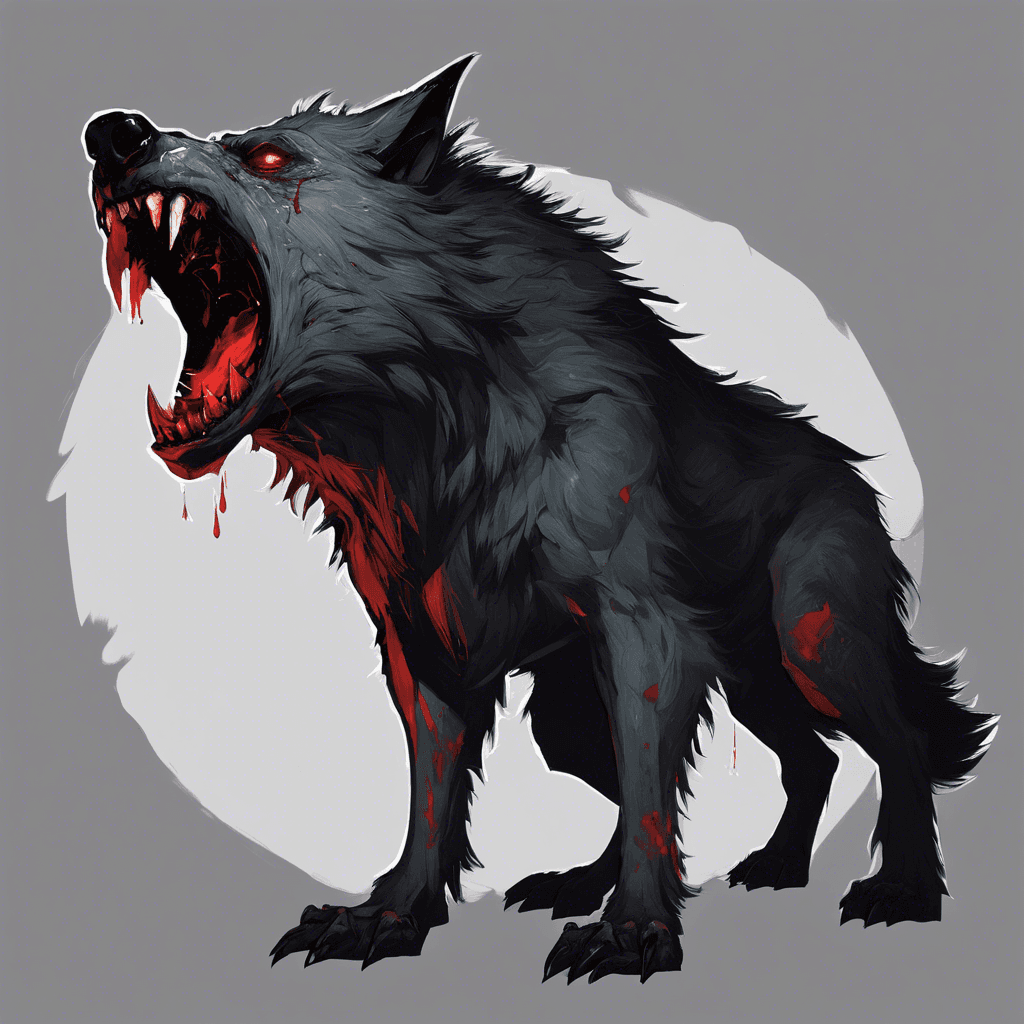 A large, menacing warg with fur as black as the darkest night. Its eyes glow with a hungry red light, and its massive jaws are lined with razor-sharp teeth, dripping with the promise of poison.