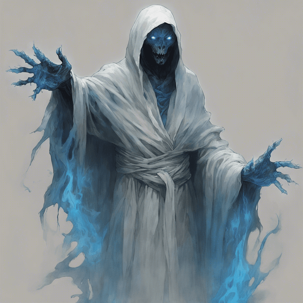 A translucent figure, draped in tattered robes that seem to absorb the scant light of the room. Its hollow eyes blaze with an eerie blue flame, and hands extended with ragged, clawed fingers reach out with a malice that chills the soul.