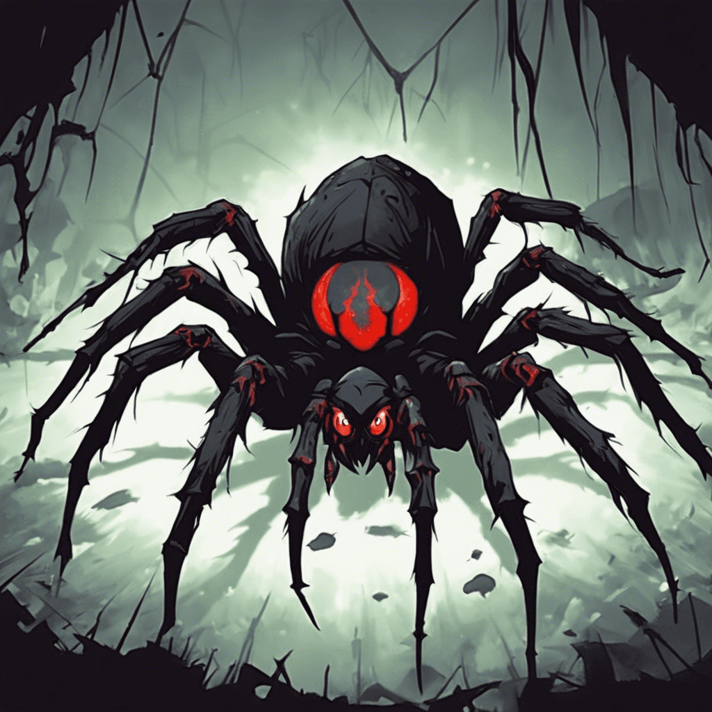 A large spider with shimmering, pitch-black carapace, beady red eyes that glow menacingly in the dark, and venom-dripping fangs. Its eight legs are covered with sharp bristles, and it moves with ominous silence.