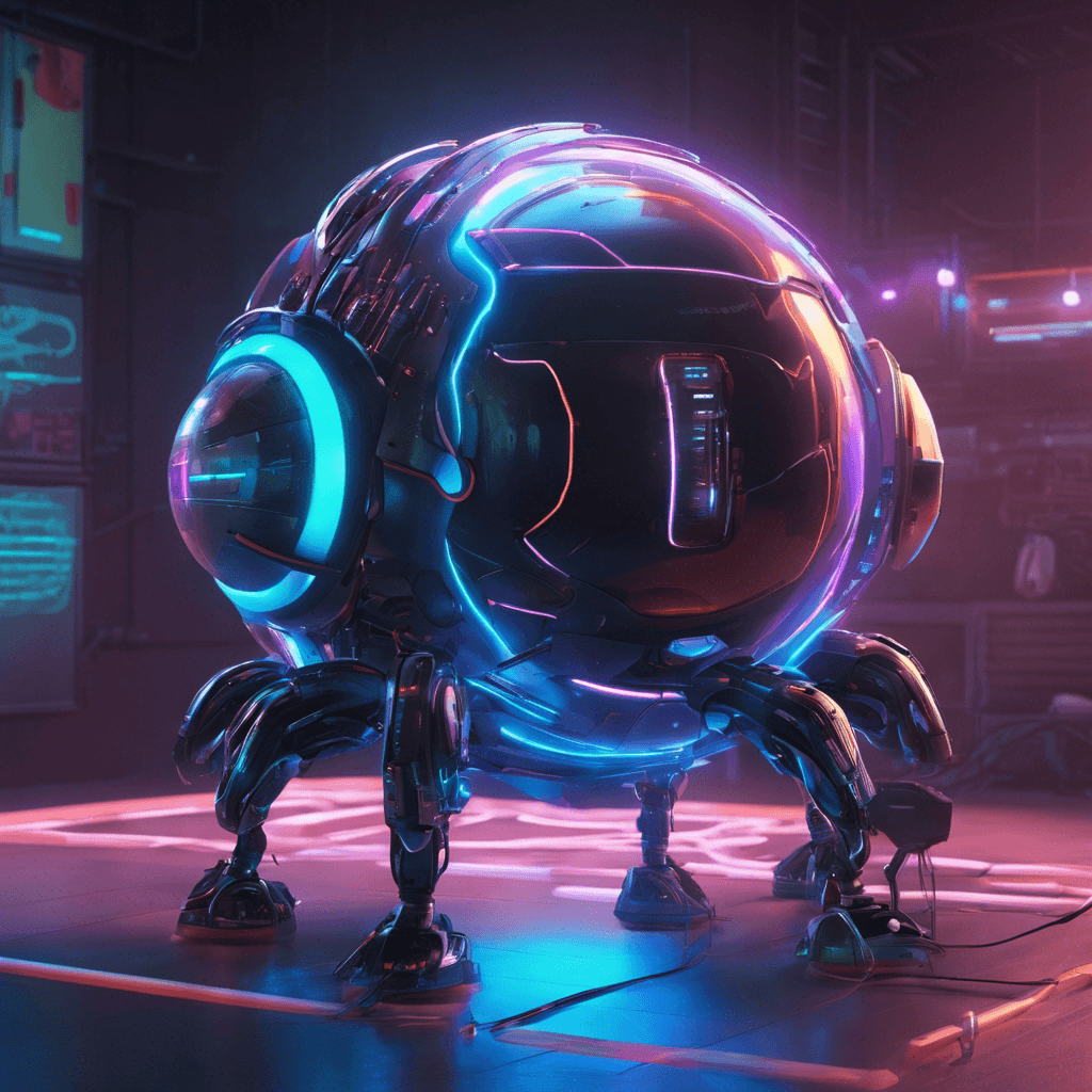 A sleek, spherical robot with pulsating neon lights and multiple retractable armaments.