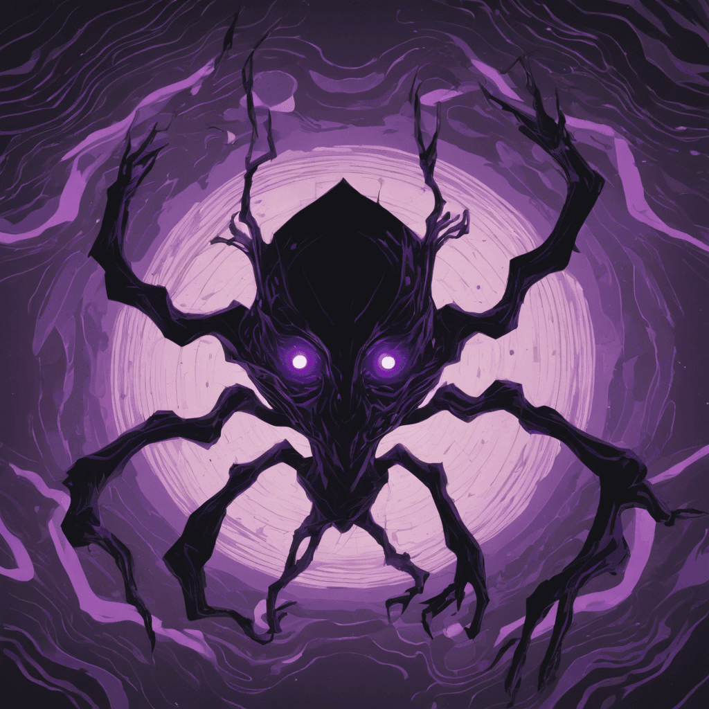 A shadowy figure composed of swirling dark matter, with pulsing purple eyes and sharp angular limbs that seem to shift and change shape.