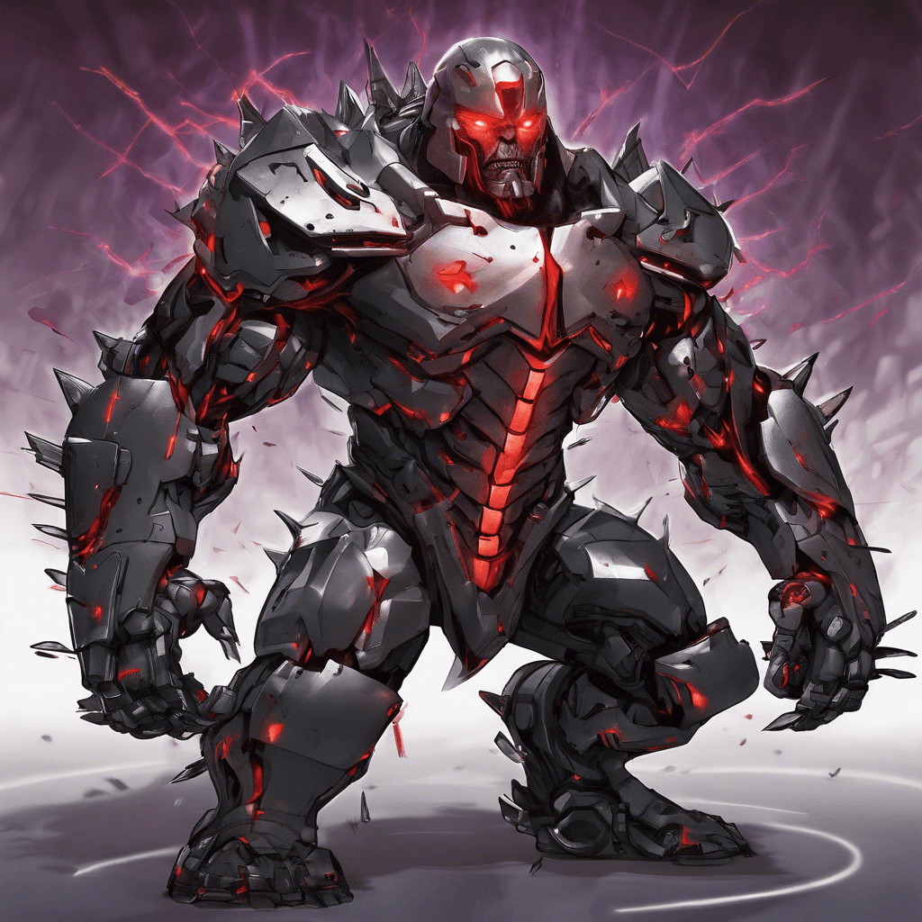 The Tech Shredder is a hulking humanoid figure clad in armor adorned with razor-sharp cybernetic blades. Its glowing red eyes scan the area for any signs of intrusion, ready to eliminate any threats to the corporate transaction. The jagged edges of its armor hum with an ominous energy, crackling with potential danger.