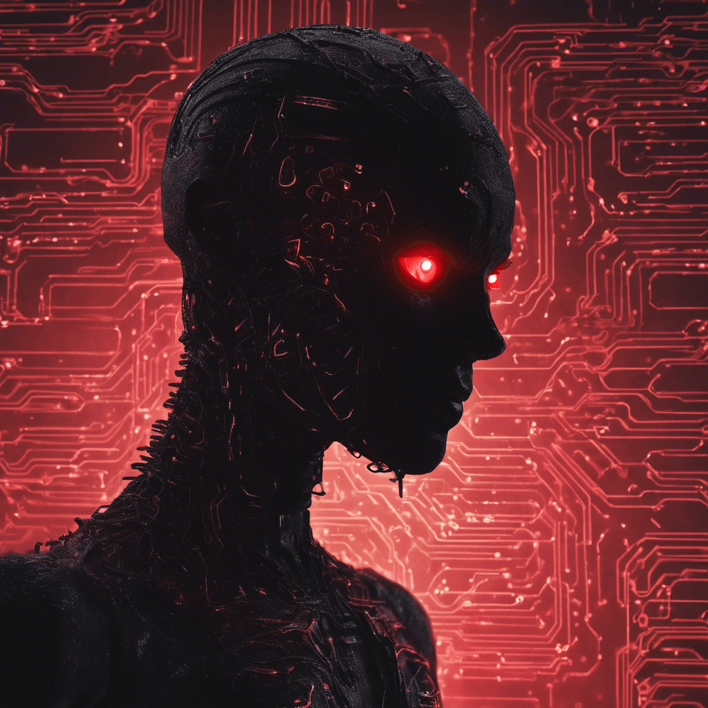 A humanoid silhouette enshrouded in black digital mist, the Cyber Shade has glowing red eyes and is adorned with swirling circuits of neon light across its body. The creature looks like a shadow that has taken form through corrupted code, continuously flickering as if it's attempting to maintain its shape in the physical realm.