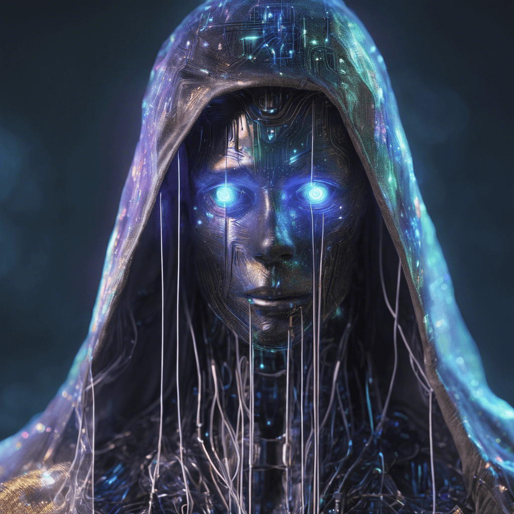 A humanoid figure draped in an iridescent cloak, with circuits and wires visible through its translucent skin. It has glowing eyes peeking from beneath its hood, and its fingers are tipped with razor-sharp data probes.