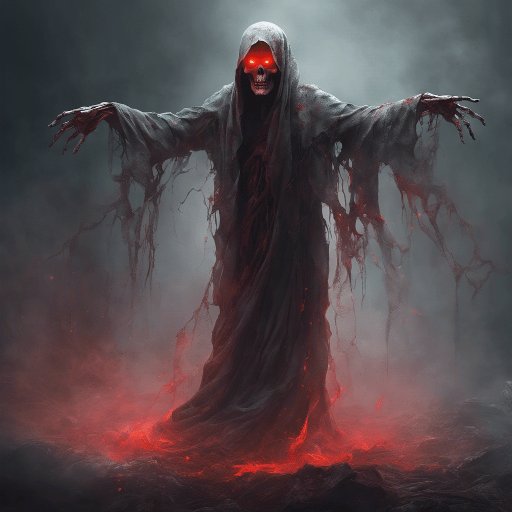 An ethereal figure with glowing red eyes, draped in tattered robes that flutter like mist. Its skeletal hands reach out hungrily, emanating a chilling aura.