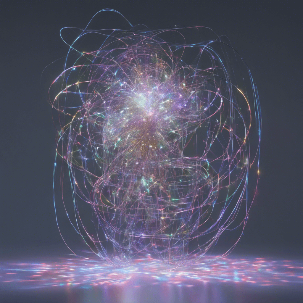 A floating specter composed of tangled wires and shimmering holographic displays, with sparking nodes where it appears to 'see'. Its form is phasing in and out of visibility with an array of swirling lights within its core.