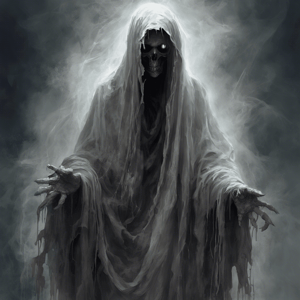 A ghostly figure, draped in tattered robes that seem to absorb light, with hollow eyes that gleam with malevolence. Its movements are both fluid and jerky, as if it's not fully bound by the laws of the physical world.