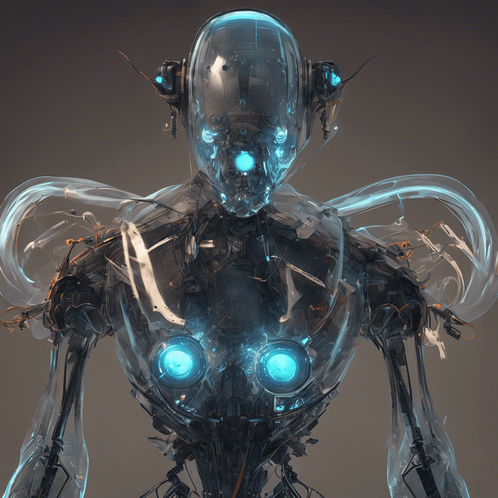 A mechanical specter, its transparent frame flickers with digital miasma, flanked with hovering drones and wired with rogue AI.