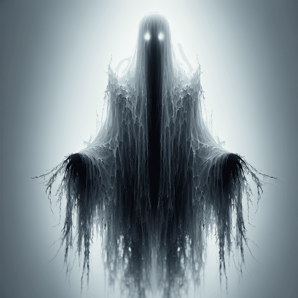 A shadowy, ethereal figure surrounded by a faint, ghostly light. The wraith has long, tattered robes that float around it as if underwater, with an obscured face save for two glowing, malevolent eyes. Its hands extend into dark, wispy tendrils.