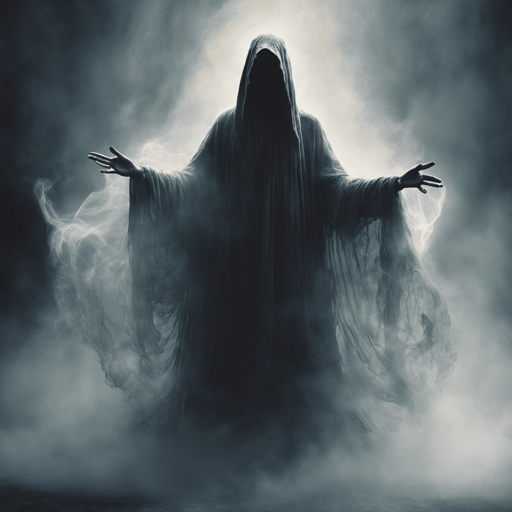 The Specter of the Veil is a ghostly figure wrapped in tattered robes, its face obscured by a swirling mist. Emanating a chilling aura, its ethereal form seems to shift and waver, making it hard to focus on. Wisps of dark energy trail behind its outstretched hands, ready to strike at any moment.