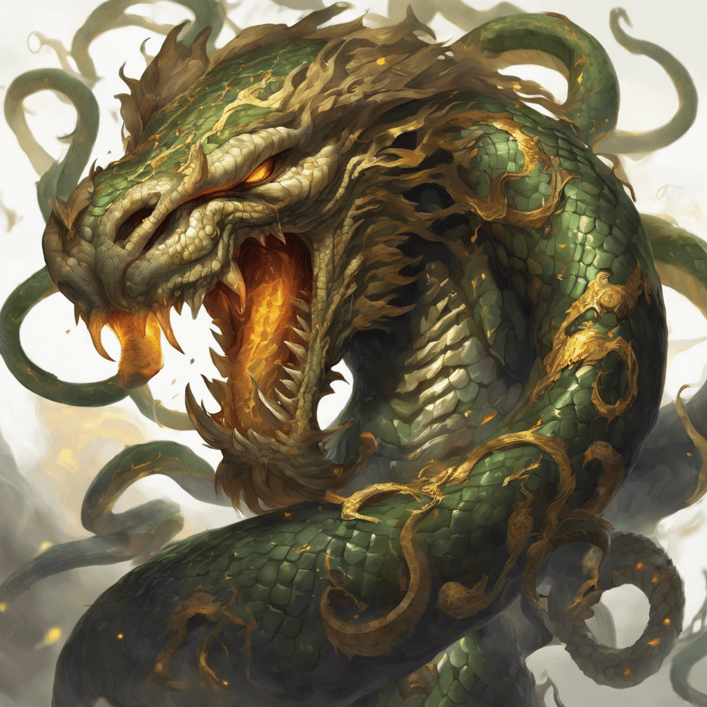 A fearsome Gorgon with snake-like tendrils instead of hair, scales covering its muscular body, and piercing golden eyes that seem to glow with an internal fire. It wears tattered remnants of ancient armor, and its hissing serpents writhe in anticipation of battle.