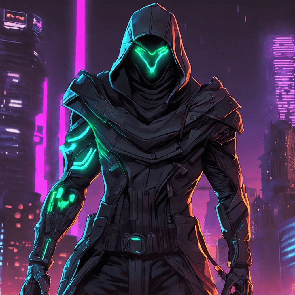 The Neon Shadow Assassin is a cybernetically-enhanced mercenary cloaked in shadows, blending seamlessly with the neon-lit environment. Their sleek, black armor is equipped with advanced stealth technology, making them virtually invisible until they strike. With glowing neon eyes piercing through the darkness, they are a formidable foe to encounter in the futuristic cityscape.