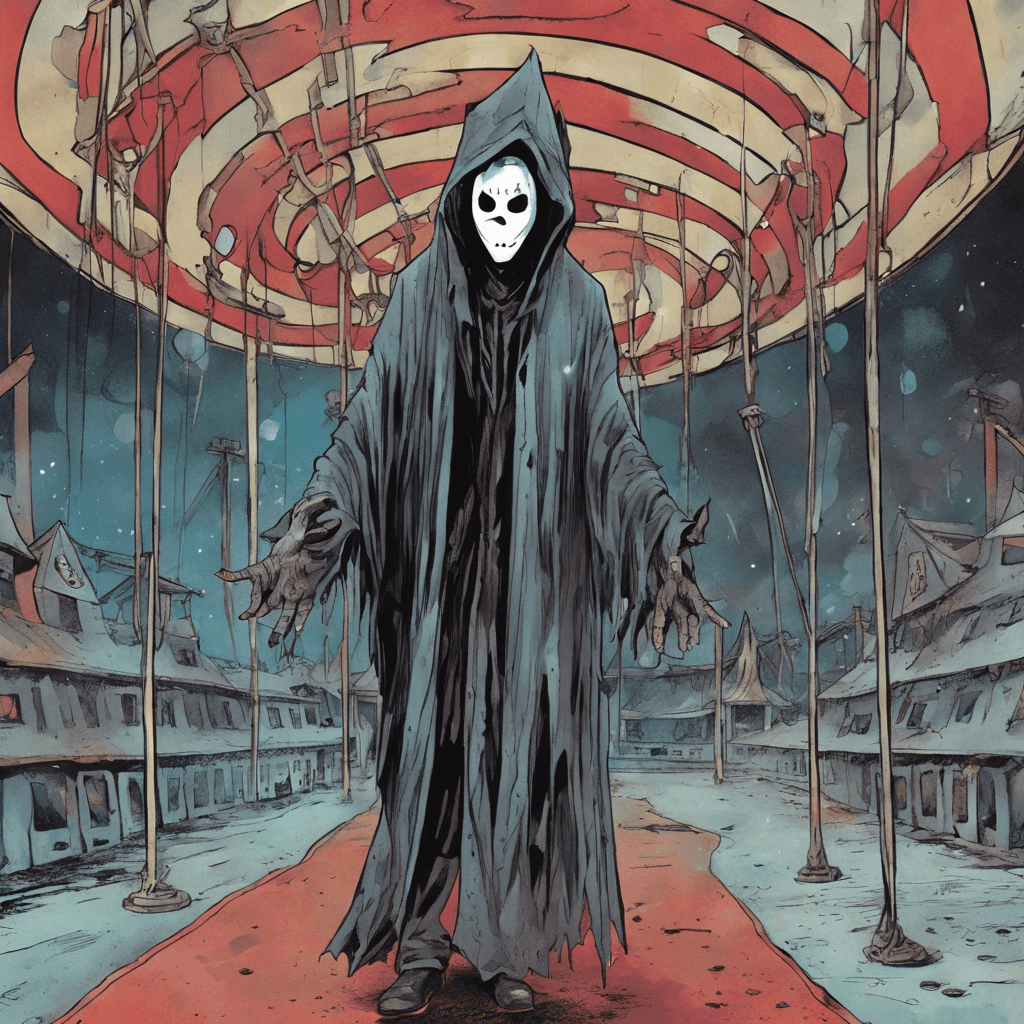 The Circus Specter is a ghostly figure cloaked in tattered carnival attire, its face obscured by a haunting mask. It floats silently through the abandoned amusement park, surrounded by a cold aura that chills the air. Its eyes glow with an otherworldly light, and its presence invokes feelings of unease and dread.