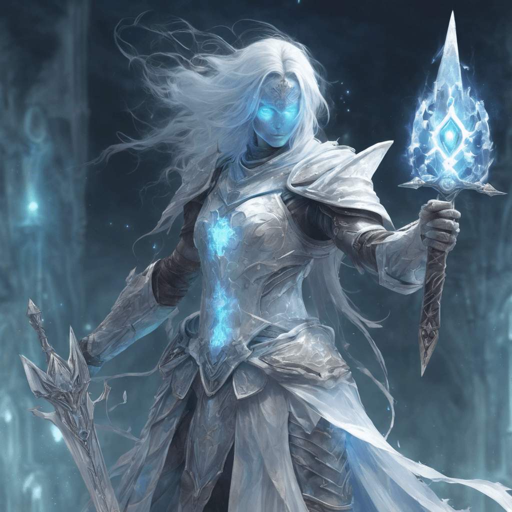 An ethereal figure emanating a bluish-white glow; clad in spectral armor and wielding a sword that crackles with arcane energy. It has a translucent appearance so you can see the relics behind it.