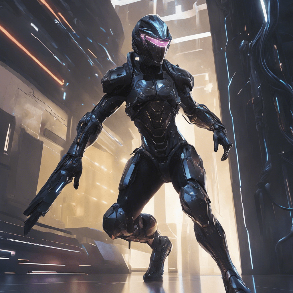 A tall figure clad in a mirror-finished helmet and sleek, dark combat gear with wires pulsing softly with light. Their movements are precise, augmented by faintly glowing cybernetic limbs.