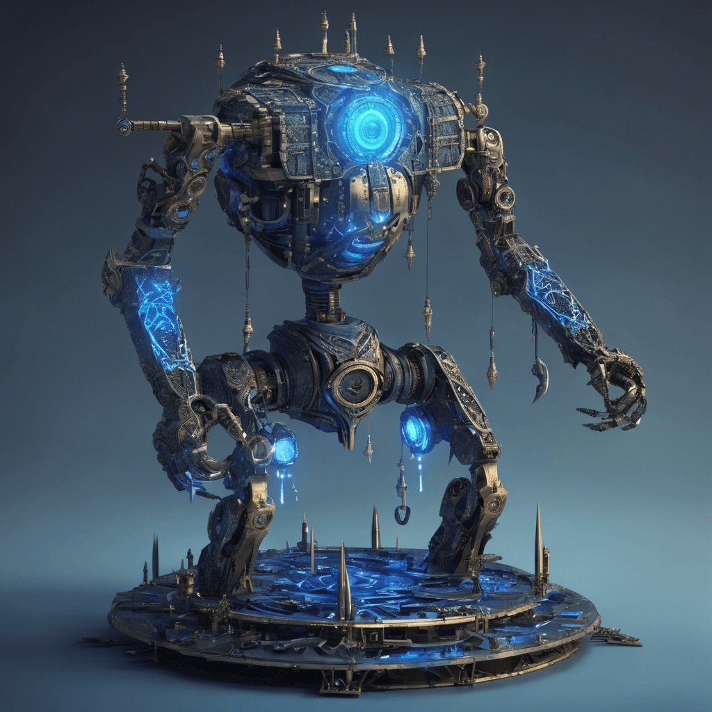 A towering automaton built from ancient alloys, with glowing runes etched across its surface and limbs that end in various intricate tools and weapons. Eyes emitting a piercing blue light scan relentlessly for intruders.