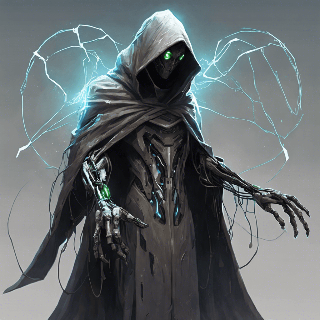 This enemy appears as a humanoid figure shrouded in a tattered hooded cloak, under which glows the soft pulsing of cybernetic enhancements. Their arms have been replaced with cybernetic tools, capable of hacking and tearing through metal with ease. They have a visor that flickers with data streams across their eyes.