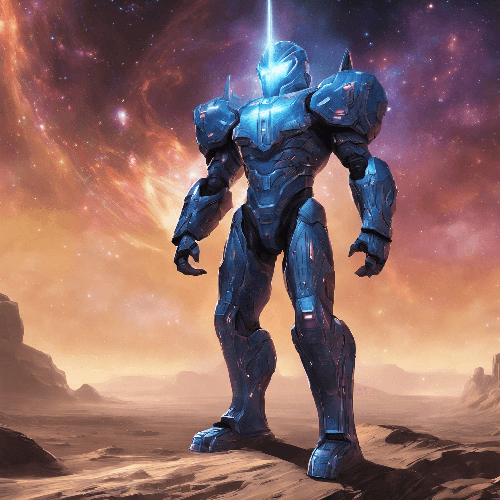 The Nebula Sentinel is an imposing figure, standing tall with metallic armor adorned with glowing, pulsating lights that resemble distant stars. Its eyes gleam with a cold, calculating intelligence as it scans the area for intruders, ready to defend its territory.