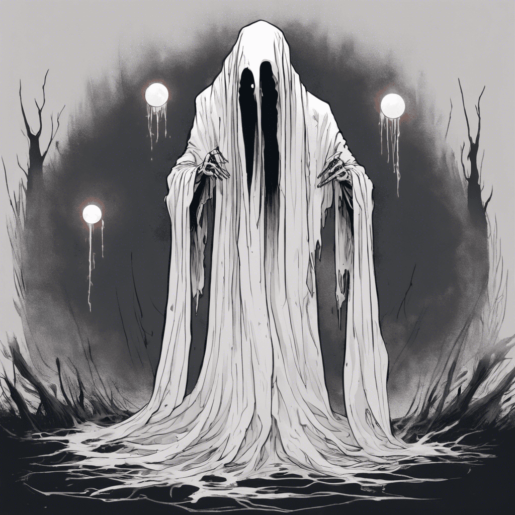 A floating specter enveloped in tattered funeral shrouds, faceless with two glowing orbs for eyes, and long, claw-like fingers. It drifts silently, save for the eerie whispers that seem to emanate from its very essence.