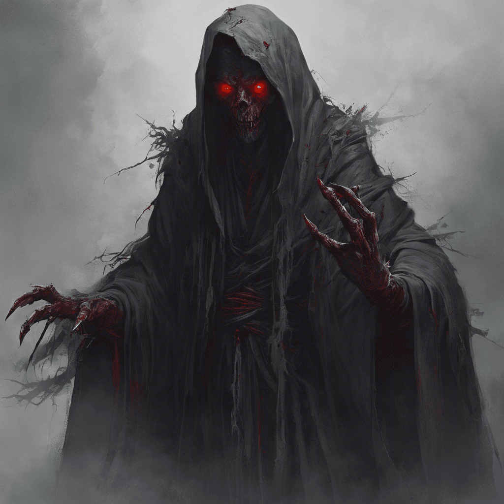 A gaunt apparition, ethereal and sinister, with piercing red eyes, tattered robes that seem to blend with the mist, and elongated fingers tipped with claws.