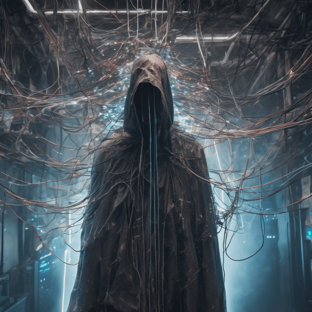 A towering figure, draped in a tattered electronic cloak with wires hanging like tendrils. Its face is obscured by a holographic mask cycling through distorted faces.