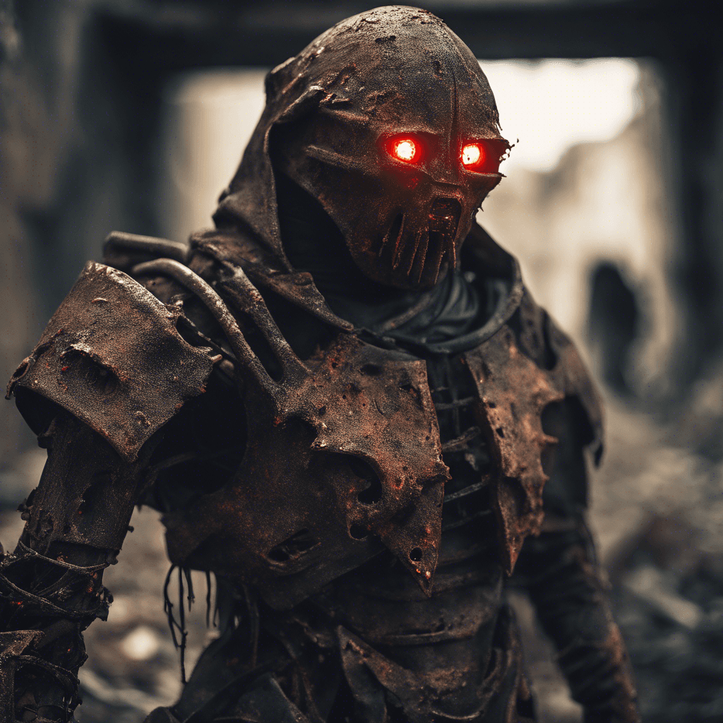 The Rust Stalker is a humanoid figure clad in tattered, rusty armor with glowing red eyes peering out from under a hood. Its movements are eerily silent as it stalks its prey through the ruins of the city, its rust-covered weapons gleaming in the faint light.