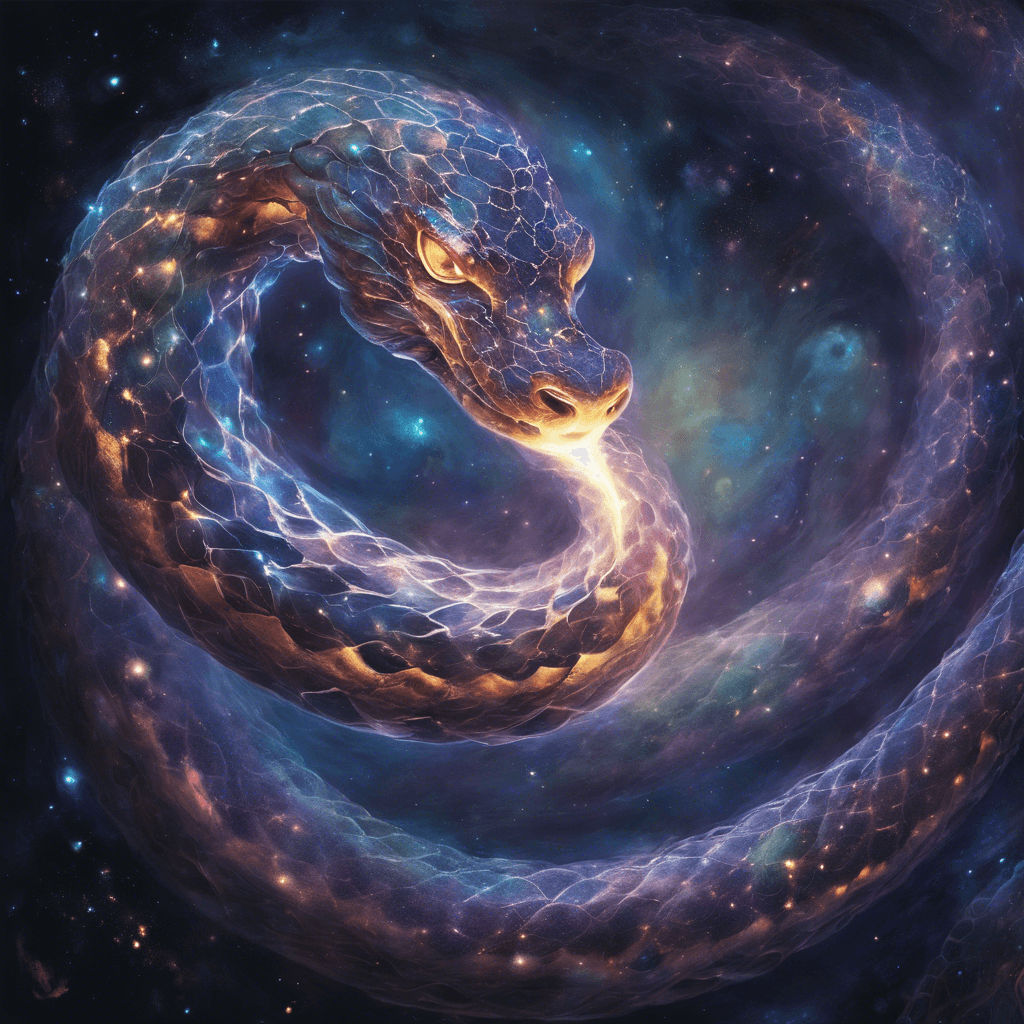 The Nebula Serpent is a shimmering, ethereal creature that appears to be composed of swirling gas and stardust. Its long, serpentine body undulates gracefully through the void of space, leaving behind a trail of twinkling starlight. Its eyes glow with an otherworldly intelligence, and its movements are unpredictable and mesmerizing.