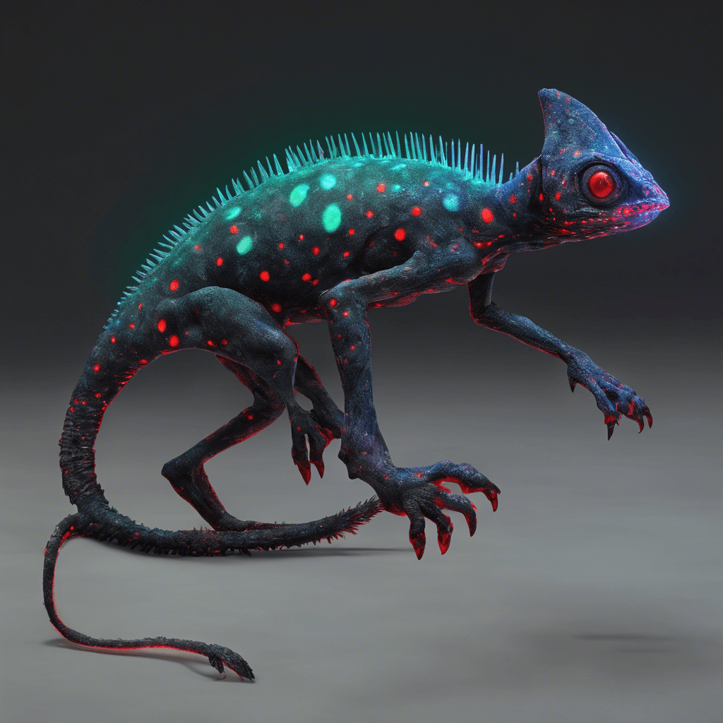 A slender bipedal creature with chameleon-like skin that blends into the surroundings, sharp claws, glowing red eyes, and an array of bioluminescent spots running along its spine