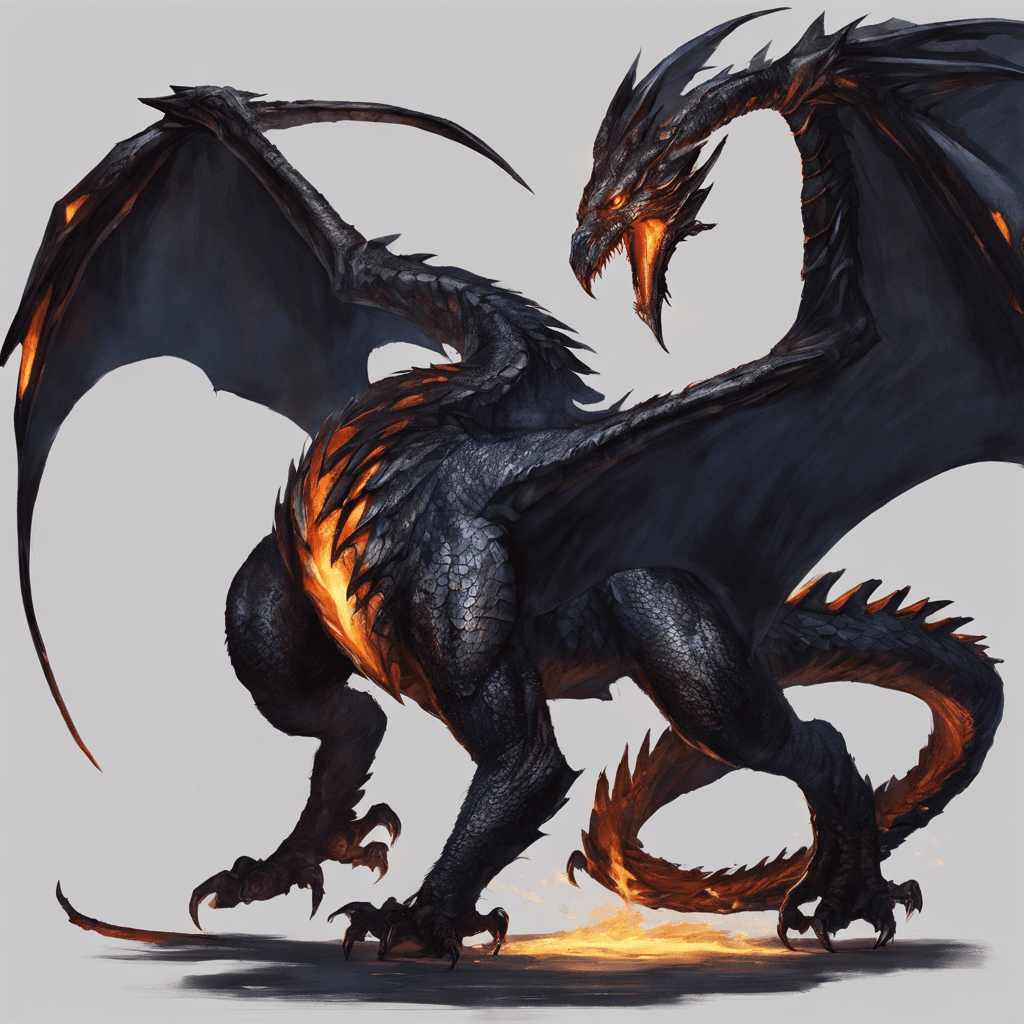 A massive winged wyvern with scales like polished obsidian, fiery eyes, and long, sharp talons that glint dangerously in the dimming light.