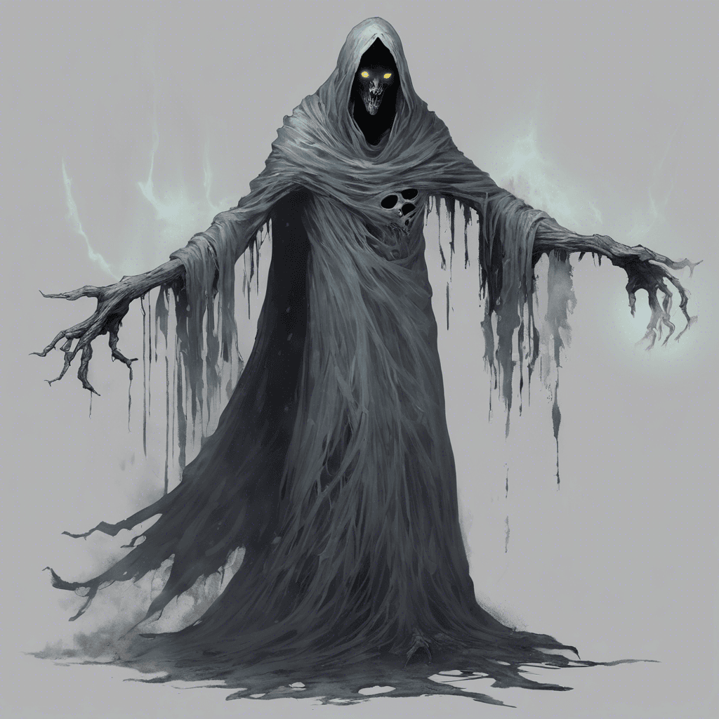 The Whispering Wraith is a spectral entity clad in tattered, ethereal robes that seem to flow and shift like mist. Its glowing, hollow eyes pierce through the darkness, and a chilling wail emanates from its form, freezing the air around it.