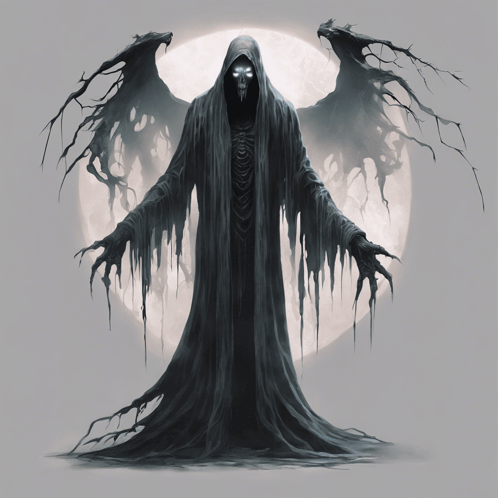 The Wraith appears as a spectral figure, with pale, translucent skin and glowing eyes that pierce through the darkness. Its presence chills the air and sends shivers down your spine.