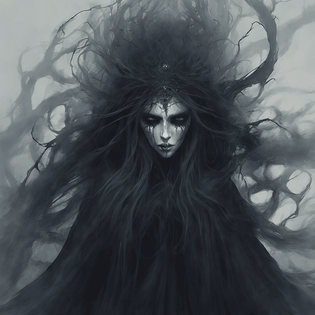 The Wraith Queen is a spectral figure cloaked in darkness, with hollow eyes that seem to pierce through your very soul. Wisps of ethereal mist coil around her, and a chill fills the air whenever she is near. She emanates an aura of fear and despair, instilling dread in all who gaze upon her.