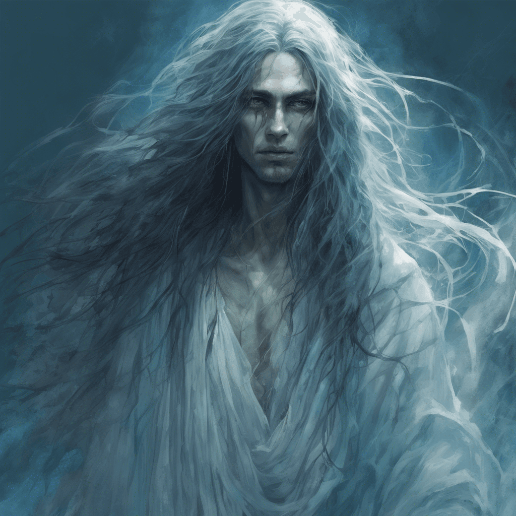 A spectral figure draped in tattered robes, its skin is an ethereal blue almost translucent in nature. Long hair flows wildly as if caught in a perpetual gust, and eyes glow a piercing, haunted white. It glides above the ground, leaving no trace.