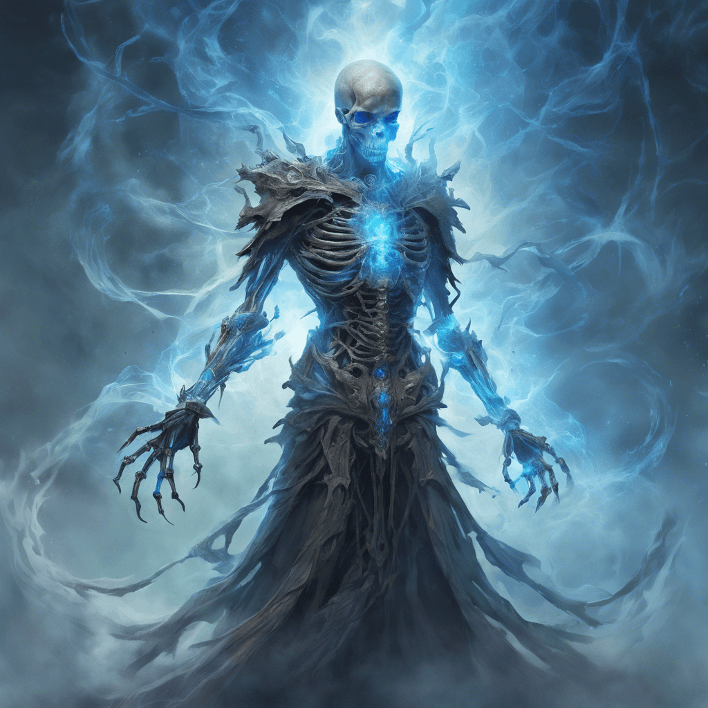 A ghostly figure surrounded by a swirling mist of arcane energy. Its form is skeletal with shards of ancient armor fused into its ethereal body, eyes glowing with a baleful blue light. Tendrils of etheric vapor trail from its arms, implying potent magical abilities.