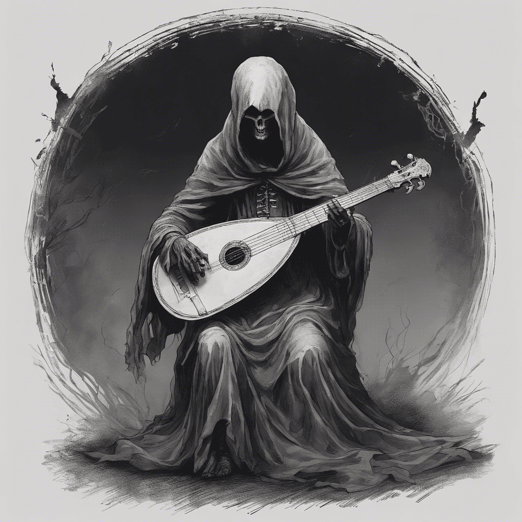 A spectral figure adorned with a tattered minstrel’s garb hovers inches from the ground, its hands clasped around a phantom lute. Ethereal, haunting chords emanate from the instrument, as a hollow gaze peers from beneath the shadow of its hood.