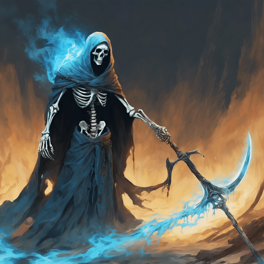 A skeletal figure cloaked in tattered robes, its eyes burning with an ethereal blue fire. It wields a rusted, but sharp scythe.